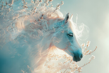 White horse on a white background among flowering branches of cherry trees - 777674484