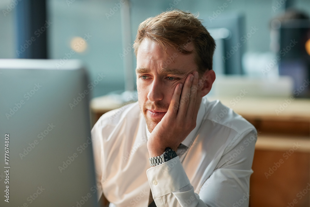 Poster business, thinking and man on computer for decision, solution or problem solving in his office at ni