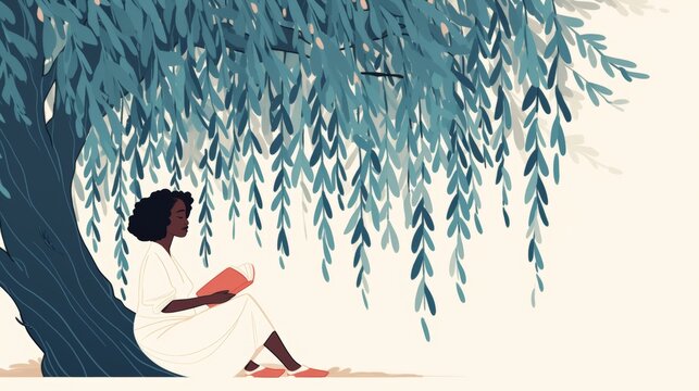 Black Woman Reading Under Willow Tree - Serene Affirmation Illustration Generative AI