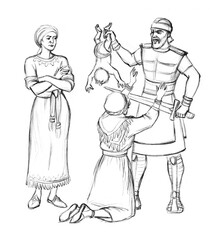 Pencil drawing. A warrior with a sword kills a baby