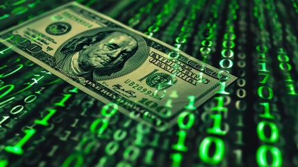 Abstract Digital Dollar Concept with Binary Code and Currency Symbolism on a Green Background