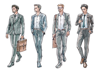 Watercolor and ink line drawings of businessmen walking