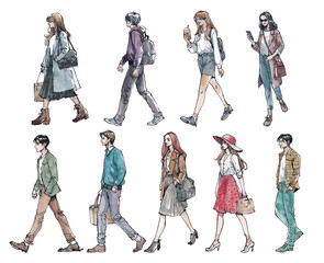 Watercolor paintings and ink lines Image of people walking down the street