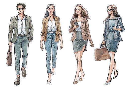 Watercolor and ink line drawings of business men and women walking