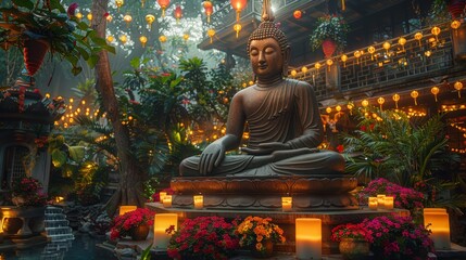 Buddha statue in a tranquil garden with cascading lights and lush greenery reflecting in a serene pond - obrazy, fototapety, plakaty
