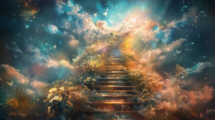 A mystical staircase ascends into a celestial sky, evoking a sense of wonder and the journey to transcendence. - obrazy, fototapety, plakaty