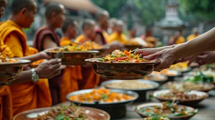 Alms giving ceremony with monks receiving food offerings against the backdrop of a temple setting