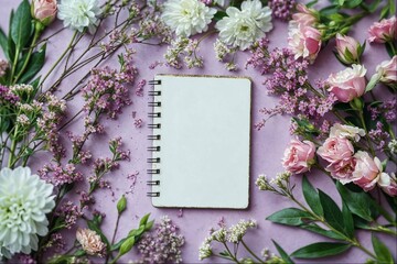Flat lay of a spiral notebook surrounded in the style of delicate flowers on a pink background, with blank spaces for text or images.