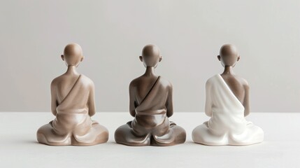 Three ceramic figurines of monks in brown, white, and beige tones sitting on a white surface against a white and grey background. - obrazy, fototapety, plakaty