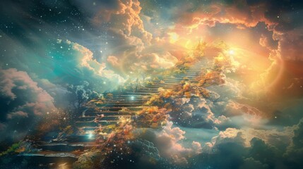A mystical staircase ascends into a celestial sky, evoking a sense of wonder and the journey to transcendence. - obrazy, fototapety, plakaty
