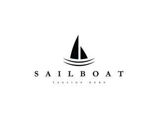 simple sailboat with ocean sea wave logo design