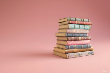 Stack of old books, creative pastel pink and blue composition with  copy space