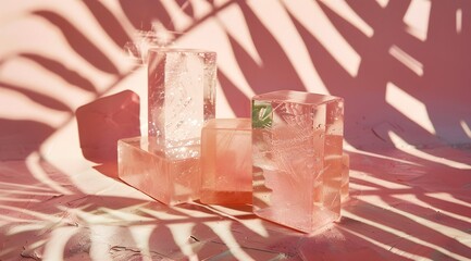 Ice cubes on the table, shadows of tropical leaves on the wall, pastel pink exotic abstract summer composition.