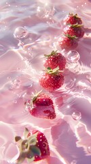 Obraz na płótnie Canvas Juicy strawberries in water, pastel pink summer fruit composition.