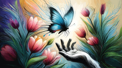 Fototapeta na wymiar an abstract hand drawn butterfly flying over a beautiful flower garden