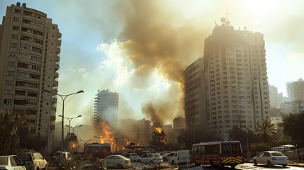 devastation with buildings engulfed in flames, while Israeli ambulances, fire departments, police, and first responders rush to the scene amidst clear skies tainted with smoke.