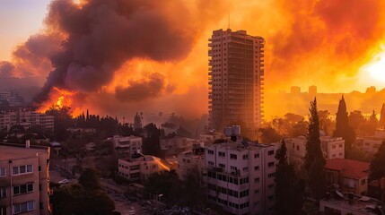 devastation with buildings engulfed in flames, while Israeli ambulances, fire departments, police, and first responders rush to the scene amidst clear skies tainted with smoke.