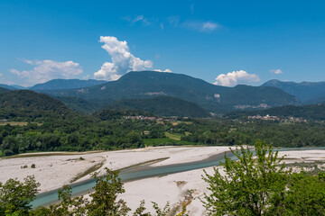 Panoramic view of majestic river Tagliamento seen from Castle of Ragogna (Ruvigne) in Valeriano...