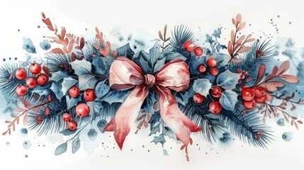 Festive Watercolor Christmas Wreath with Pink Bow Generative AI - obrazy, fototapety, plakaty