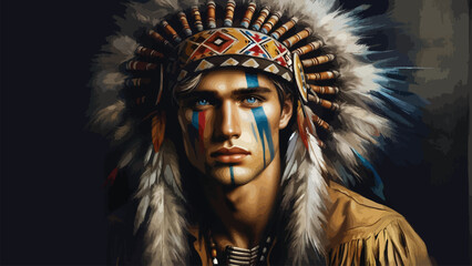 abstract painting of a Western-style young man with painted skin wearing a tribal headdress