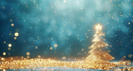 A shiny Christmas tree made of white snowflakes stands on the right side, glittering against a blue background with golden sparkles Generative AI