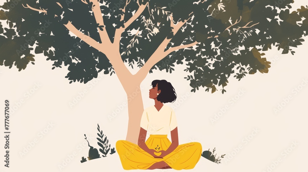 Poster affirmation illustration of a mixed-race yogi meditating under a cypress tree generative ai