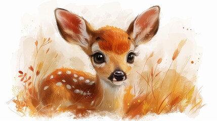 Adorable Kawaii Deer with Huge Eyes in Hyperealistic Watercolor Style Generative AI