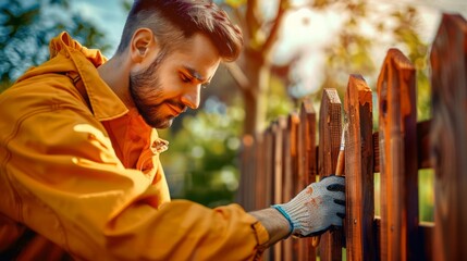 Man painting wood stain at timber plank in garden.  - obrazy, fototapety, plakaty