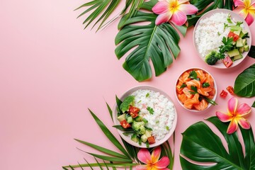 Hawaiian poke, fish, rice, vegetables, tropical leaves, flowers, space for text