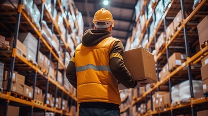 A handsome male worker wearing a hard hat carrying boxes turns back and forth through a retail warehouse full of shelves—a professional worker working in logistics and distribution centers. - obrazy, fototapety, plakaty