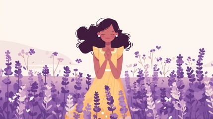 Affirmation Illustration of Mixed-Race Woman in Lavender Field Generative AI - obrazy, fototapety, plakaty