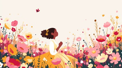 Mixed-Race Woman Admiring Cosmos Flower Field Aesthetic Illustration Generative AI
