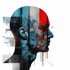 Ai, artificial intelligence grunge art illustration of humanoid mans head