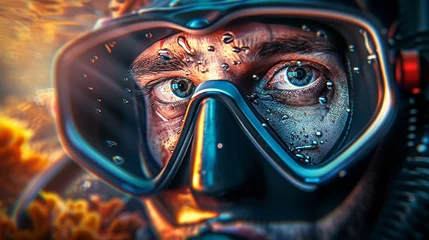 Fotobehang The face of a male scuba diver in a mask and diving suit scuba diving underwater. Close view. non-existent person. © JovialFox