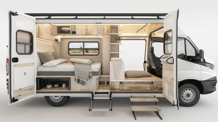 a camper van built on the latest chassis, featuring an open RV bedroom and home design idea adorned with varying wood grains and European cream style decoration.