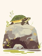 Tranquil Turtle Basking on Rock Illustration Generative AI
