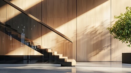 a black modern handrail, featuring flat profiles and a wooden oak handrail, adorning a contemporary staircase in a room with the entire stairs visible, showcasing modern design at its finest.
