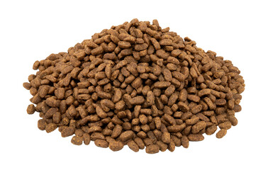 A slide of dry dog food on a white background. Food for dogs and cats in granules