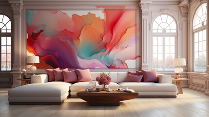 A large wall painting of a flower with pink, blue, and green colors. The room is decorated with white furniture and has a lot of windows. - obrazy, fototapety, plakaty