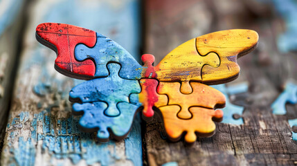 Vibrant puzzle pieces forming a butterfly autistic symbol on a weathered wooden surface