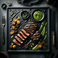 Chimichurri Steak. Succulent steak, expertly grilled to a perfect medium-rare, accompanied by vibrant chimichurri sauce, luxurious spinach-herb cream and charred mini vegetables. - obrazy, fototapety, plakaty