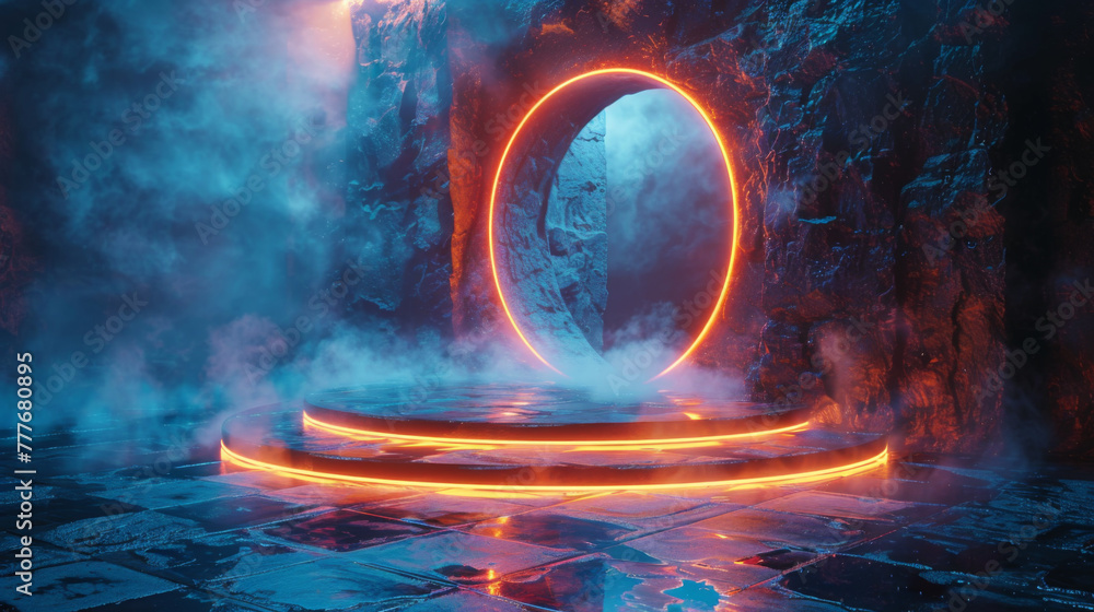 Poster blue hologram portal. magic fantasy portal. magic circle teleport podium with hologram effect. abstr