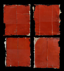 four empty pieces of red paper cards with torn edges and folding marks, with white space on the left and right sides, grunge retro texture, vintage magazine print ad, ai generated.