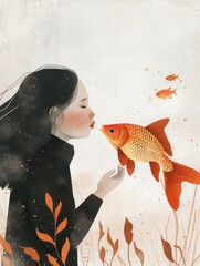 Tranquil Illustration of a Woman and her Beloved Pet Fish Generative AI
