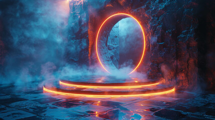 Blue hologram portal. Magic fantasy portal. Magic circle teleport podium with hologram effect. Abstract high tech futuristic technology design. Round shape. Circle Sci-fi element light and lights.
