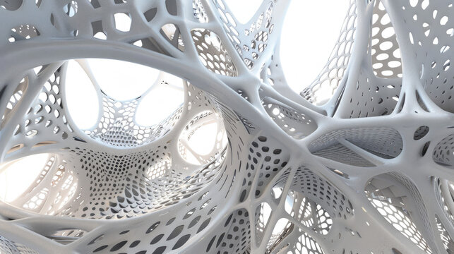 Complex 3D fractal structures interconnected white patterns, futuristic architectural design.