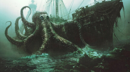 Giant Octopus Engulfing Ship in Mysterious Seas - obrazy, fototapety, plakaty