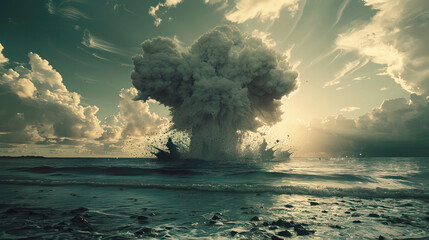 The ocean boils as a violent eruption sends a cloud of ash and water towering above the waves. - obrazy, fototapety, plakaty