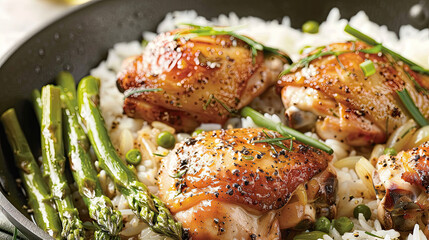 Succulent chicken thighs with herbs atop rice pilaf with peas and grilled asparagus. - obrazy, fototapety, plakaty
