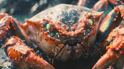 The fierce gaze and dripping pincers of an intimidating crab dominate the frame - obrazy, fototapety, plakaty